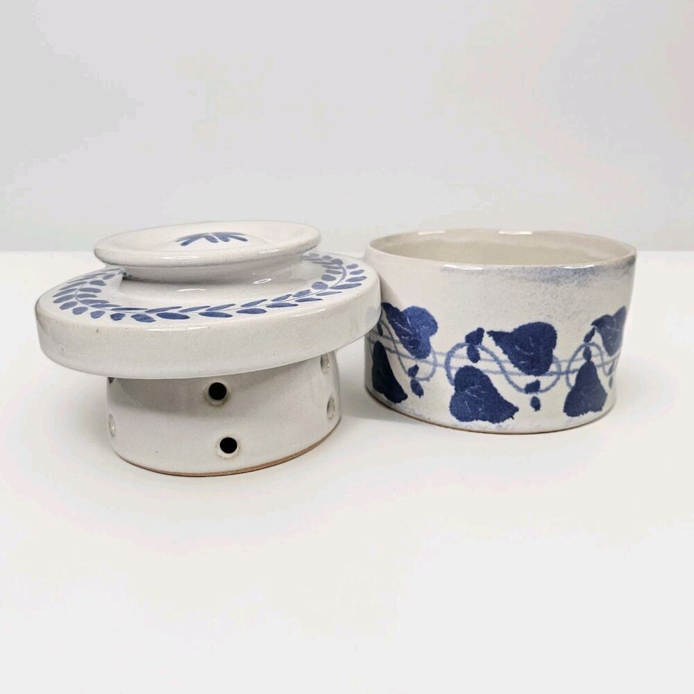 Vintage Amnion Triana Salt Glaze Stoneware Floral Print Butter Crock W Lid